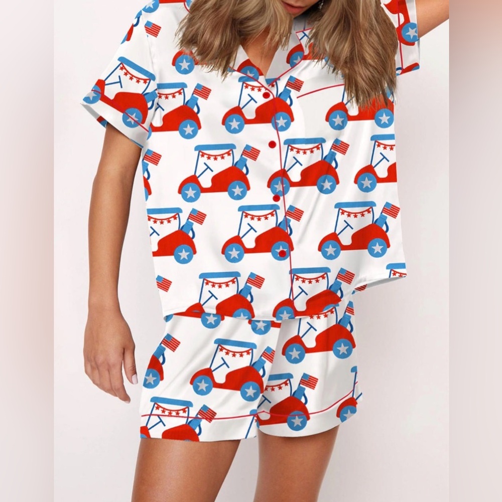 4th Of July Golf Cart Pajama Set women’s nwt Americana satin patriotic flag USA